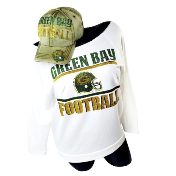 Green Bay Football White Sweatshirt with Shiny Glitter Lettering & Crystals. - Picture 5 of 6